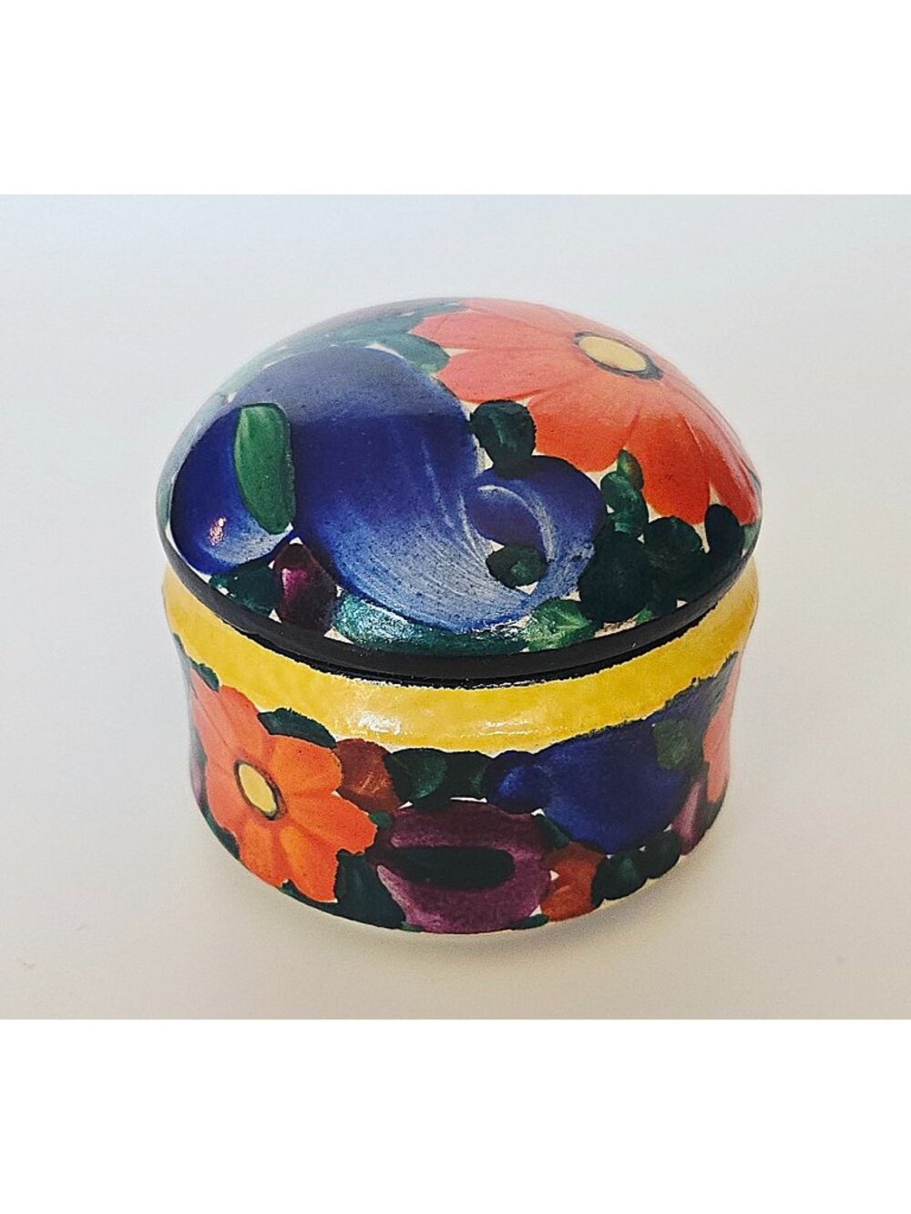 Hand-Painted Ceramic Trinket Box With Lid Peasant Ware Floral